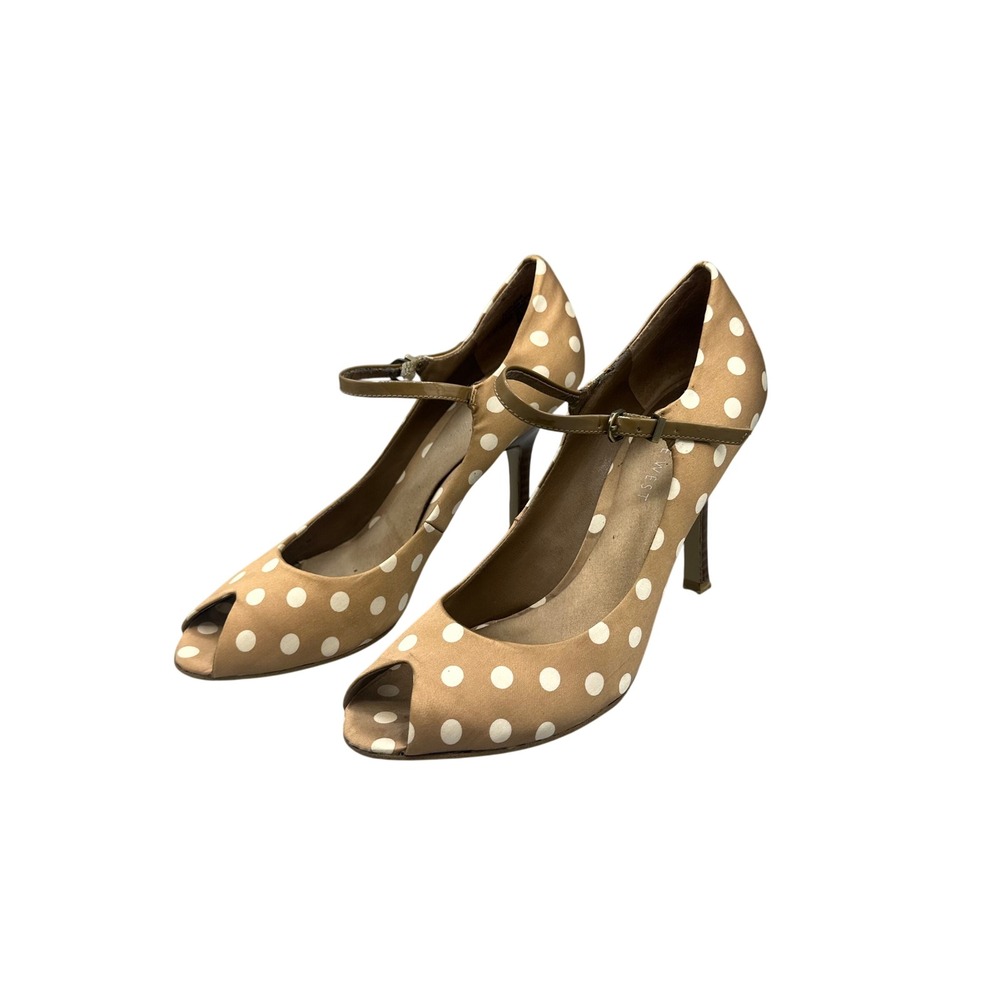 Nine West Polka Dot Peep Toe Mary Jane Pumps Tan Cream Stiletto Heels